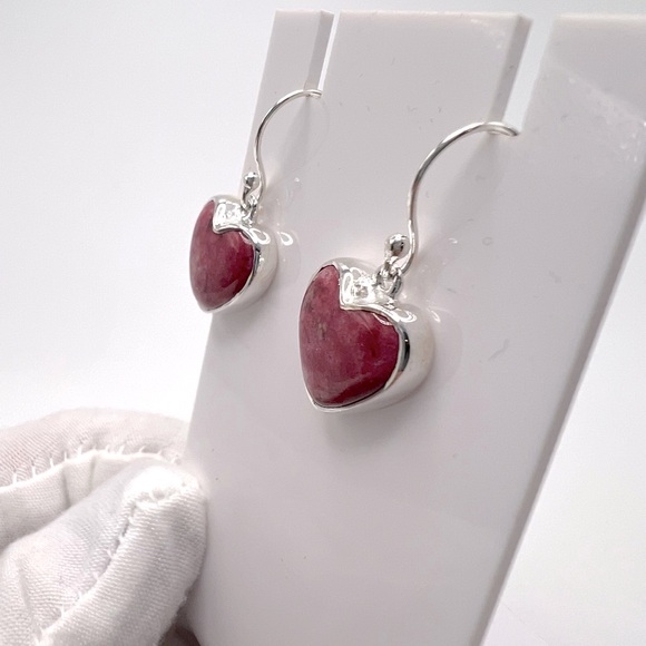 Thulite .925 Sterling Silver Heart Earrings - Picture 5 of 15